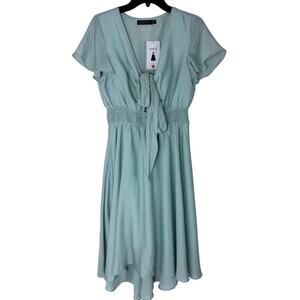 Women's V Neck Tie Front Ruffle Hem Midi Dress - Size Small